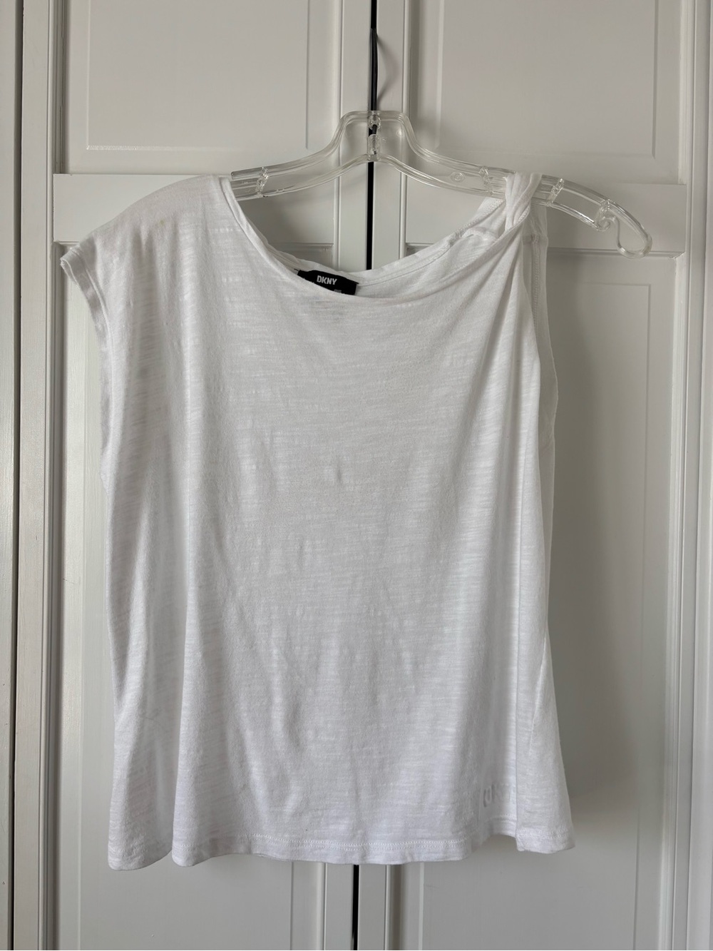DKNY White One-Shoulder Knot Tee